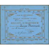 Billet d'honneur accordé à l'élève Louise Bonnard pour le travail, le 27 février 1915
