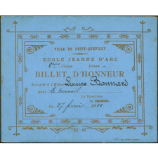 Billet d'honneur accordé à l'élève Louise Bonnard pour le travail, le 27 février 1915