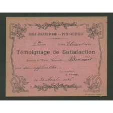 Témoignage de satisfaction accordé à l'élève Louise Bonnard pour son application, le 30 avril 1916