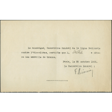 Lettre de certification de récompense du secrétaire général de la ligue nationale contre l'alcoolisme à l'instituteur Marcel Desbled