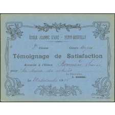 Témoignage de satisfaction accordé à l'élève Louise Bonnard pour la tenue des cahiers, le 30 novembre 1916