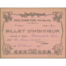 Billet d'honneur accordé à l'élève Bonnard Louise pour la bonne conduite, le 28 février 1917