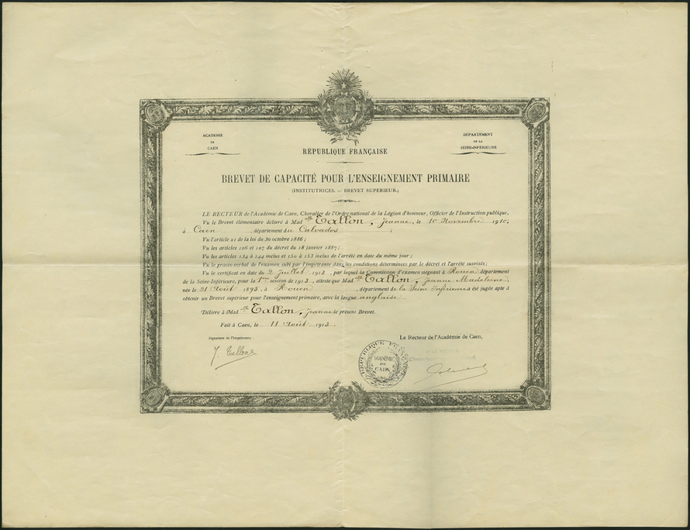 Brevet de capacité pour l'enseignement primaire de Jeanne Madeleine Tallon (Institutrices - brevet supérieur)