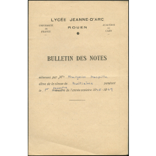 Bulletin des notes. Lycée Jeanne d'Arc à Rouen. Année scolaire 1948-49, 1er semestre