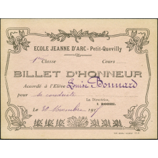 Billet d'honneur accordé à l'élève Louise Bonnard pour sa conduite, le 30 novembre 1917