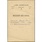 Bulletin des notes. Lycée Jeanne d'Arc à Rouen. Année scolaire 1947-48, 2e semestre