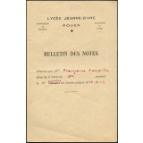 Bulletin des notes. Lycée Jeanne d'Arc à Rouen. Année scolaire 1948-49, 2e semestre