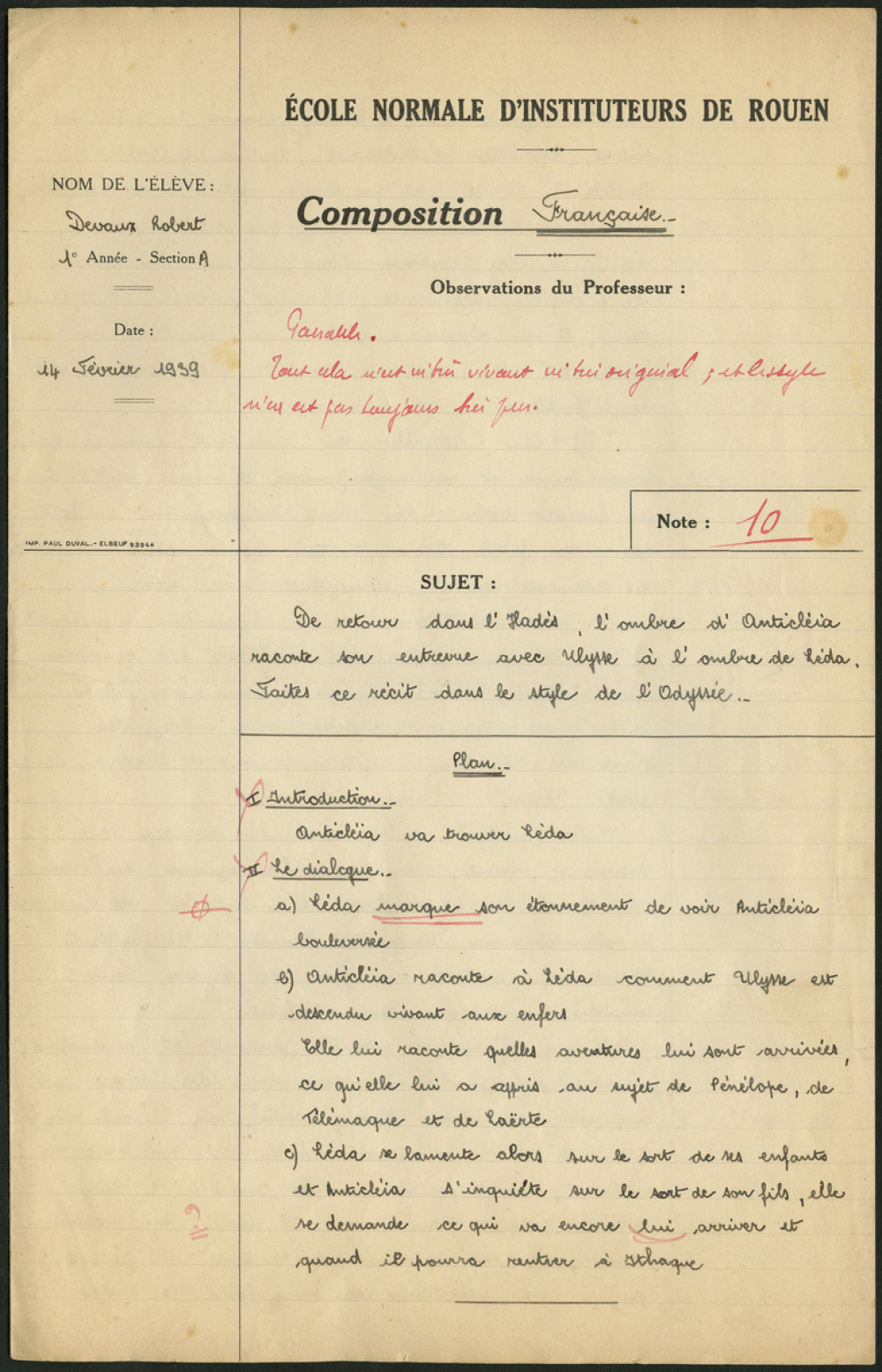 Composition française. École normale d'instituteurs de Rouen. 1ère année. Année scolaire 1938-1939