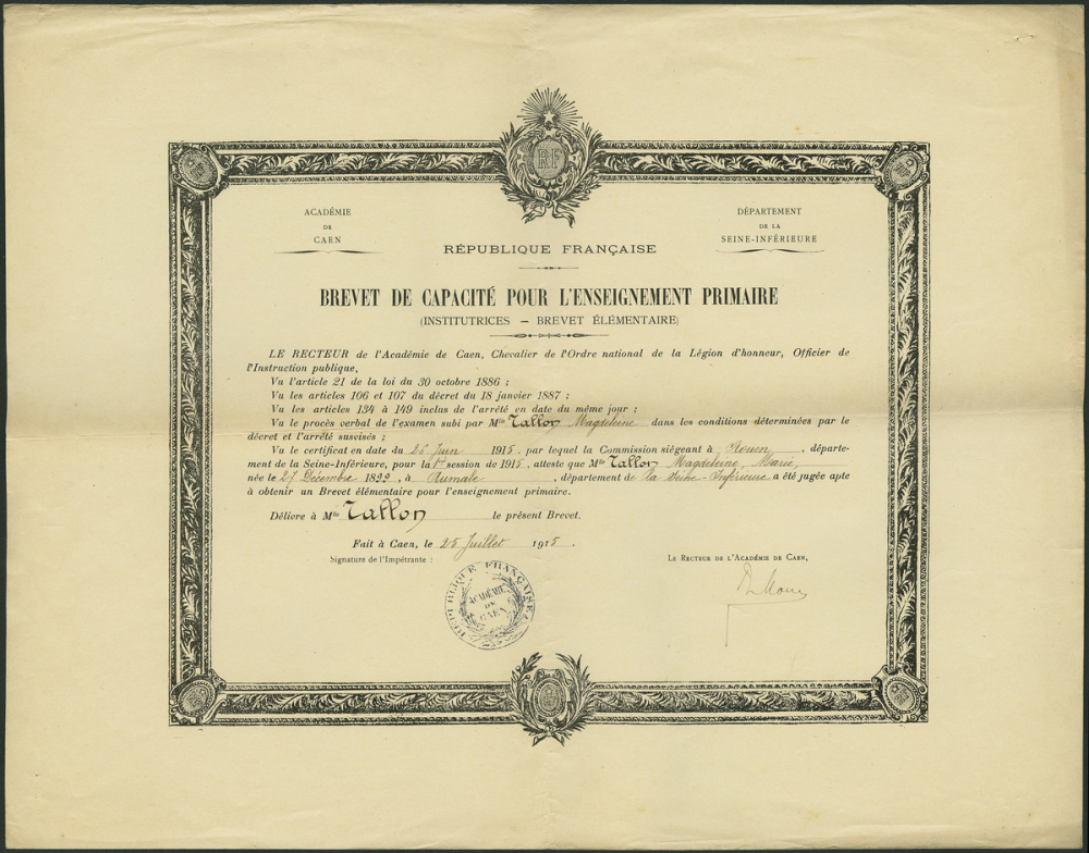 Brevet de capacité pour l'enseignement primaire de Magdeleine Marie Tallon (Institutrices - brevet supérieur)