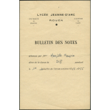 Bulletin des notes. Lycée Jeanne d'Arc à Rouen. Année scolaire 1955-56, 1er semestre