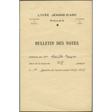 Bulletin des notes. Lycée Jeanne d'Arc à Rouen. Année scolaire 1955-56, 1er semestre