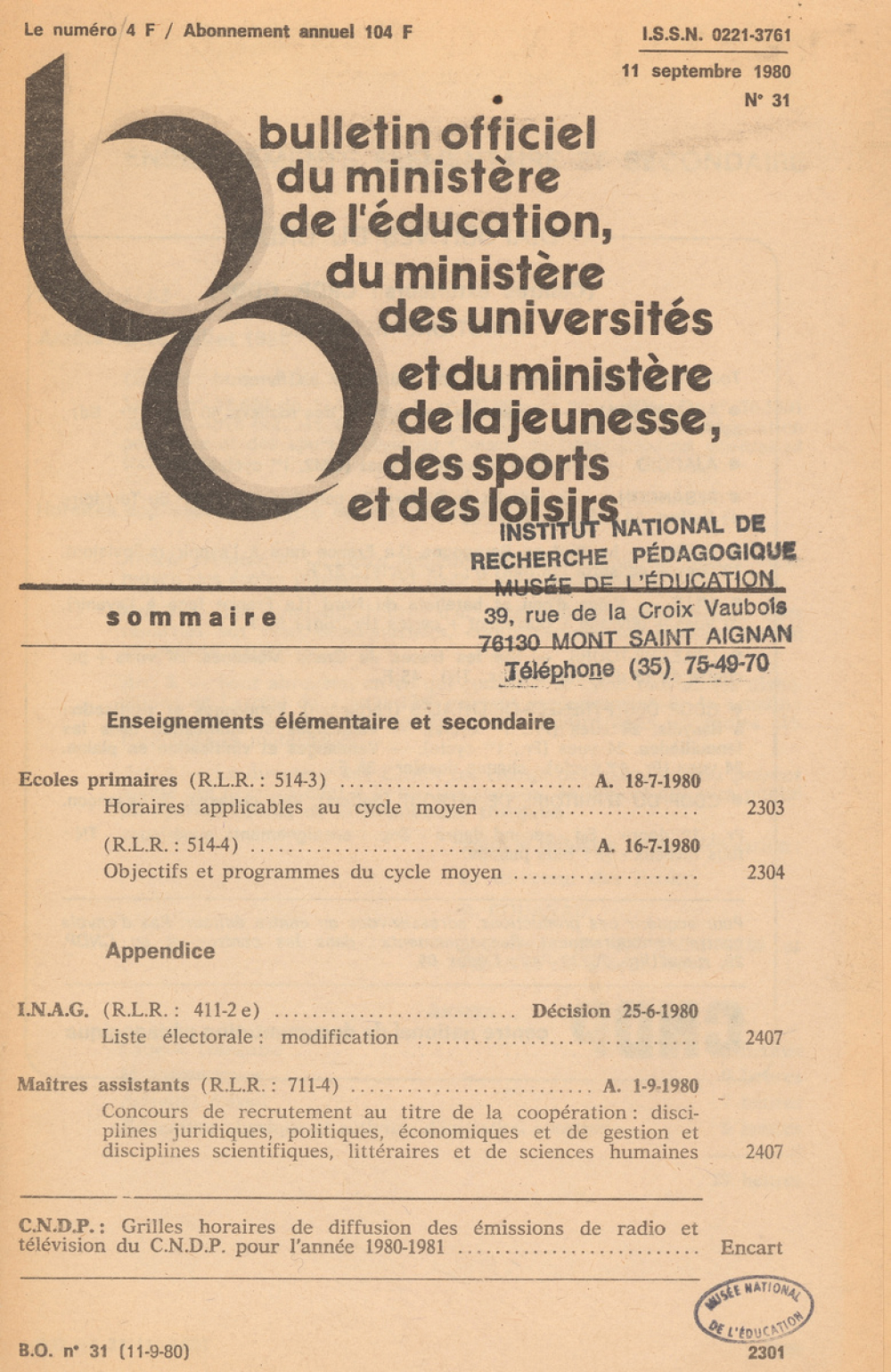 Bulletin Officiel du Ministère de l'éducation, du Ministère des universités et du Ministère de la Jeunesse, des Sports et des Loisirs. N° 31 du 11 septembre 1980.