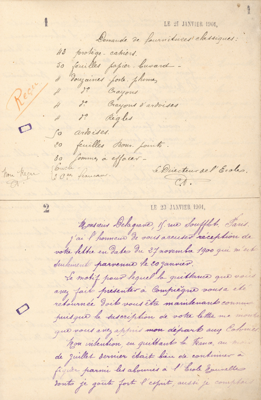 Correspondance administrative de l'école primaire supérieure de Papeete