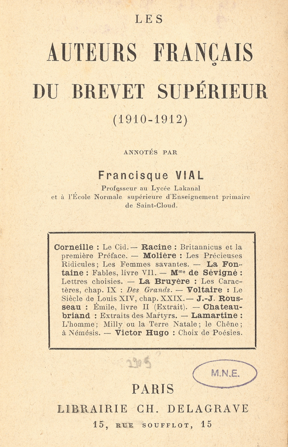 Les auteurs français du brevet supérieur (1910-1912).