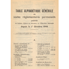 Table alphabétique générale des textes réglementaires permanents publiés au Bulletin Officiel du Ministère de l'Education Nationale depuis le 1er octobre 1944.