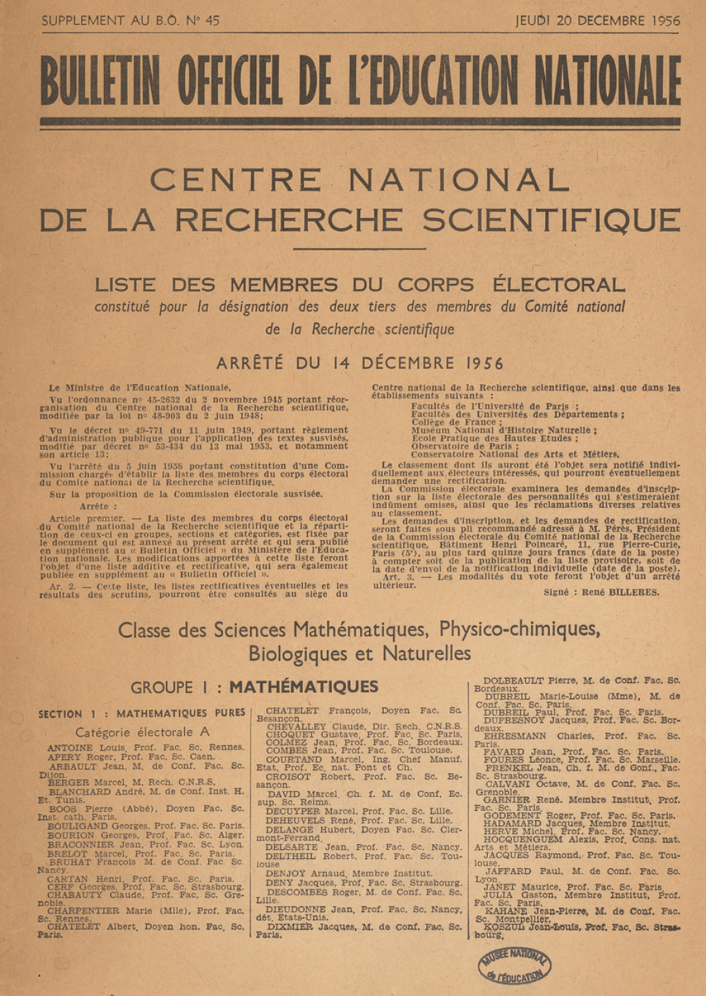 Bulletin Officiel de l'Education Nationale. Centre National de La recherche Scientifique. Liste des Membres du Corps Electoral. N° 45, Supplément au B.O.,  jeudi 20 décembre 1956.