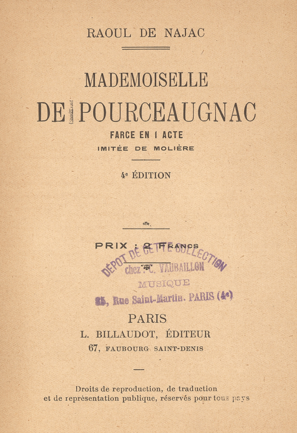 Mademoiselle de Pourceaugnac. Farce en 1 acte imitée de Molière.