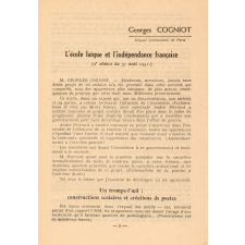 L'Ecole laïque et la Paix. Discours de Georges Cogniot, député communiste de paris et d'André Pierrard, député communiste du Nord, membres de la Commission de l'Education Nationale.