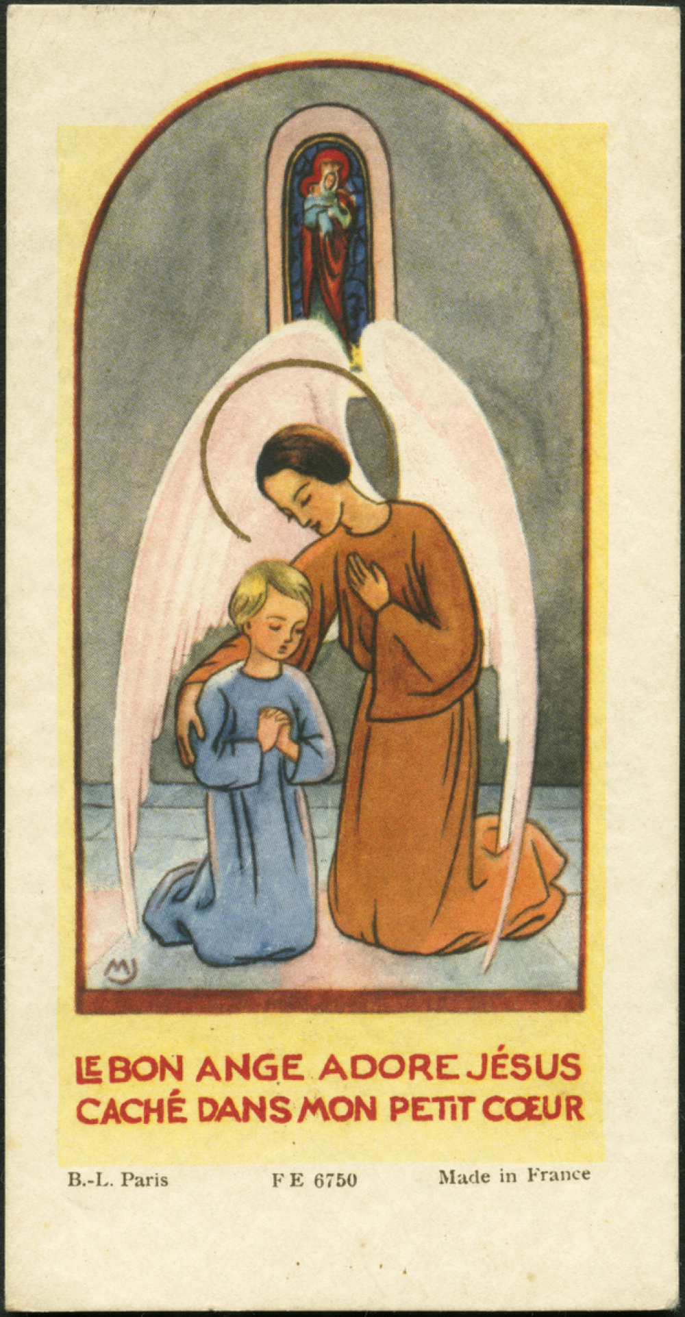 Image religieuse. Le bon ange adore Jésus caché dans mon petit coeur.