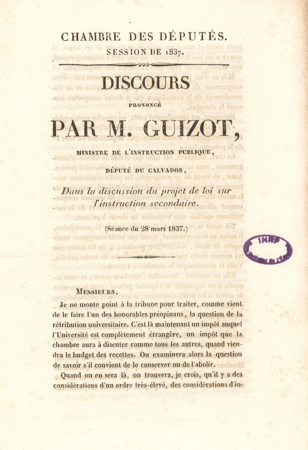 Discours prononcé par M. Guizot dans la discussion du projet de loi sur l'instruction secondaire.