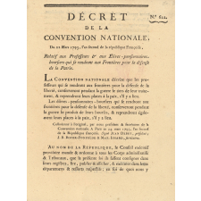 Décret de la convention nationale relatifs aux professeurs et aux élèves-pensionnaires-boursiers qui se rendront aux frontières pour la défense de la Patrie.
