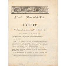 Arrêté relatif au mode de délivrance des Brevets d'invention (1). Du 5 Vendémiaire an IX (27 Septembre 1800).