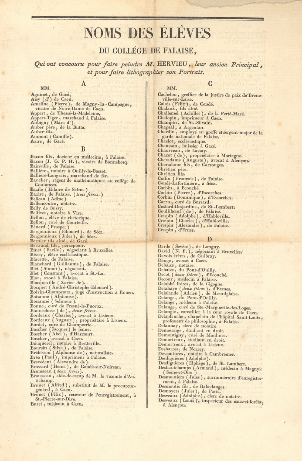 Liste des Noms des Élèves du Collège de Falaise qui ont concouru pour faire peindre M. HERVIEU, leur ancien Principal, et pour faire lithographier son Portrait. 