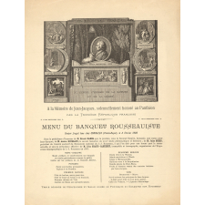 Menu du Banquet Rousseauiste donné le 3 février 1889 à l'occasion de l'inauguration de la statue de Rousseau au Panthéon. 