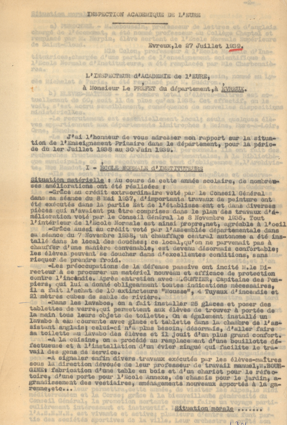 Rapport de M. l'Inspecteur d'Académie sur la sItuation de l'enseignement primaire dans l'Eure pendant l'année 1938-39. 
