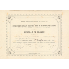 Diplôme de la médaille de bronze de la Société pour l'Instruction et la Protection des Sourds-Muets par l'enseignement simultané des Sourds-Muets et des Entendants-Parlants.