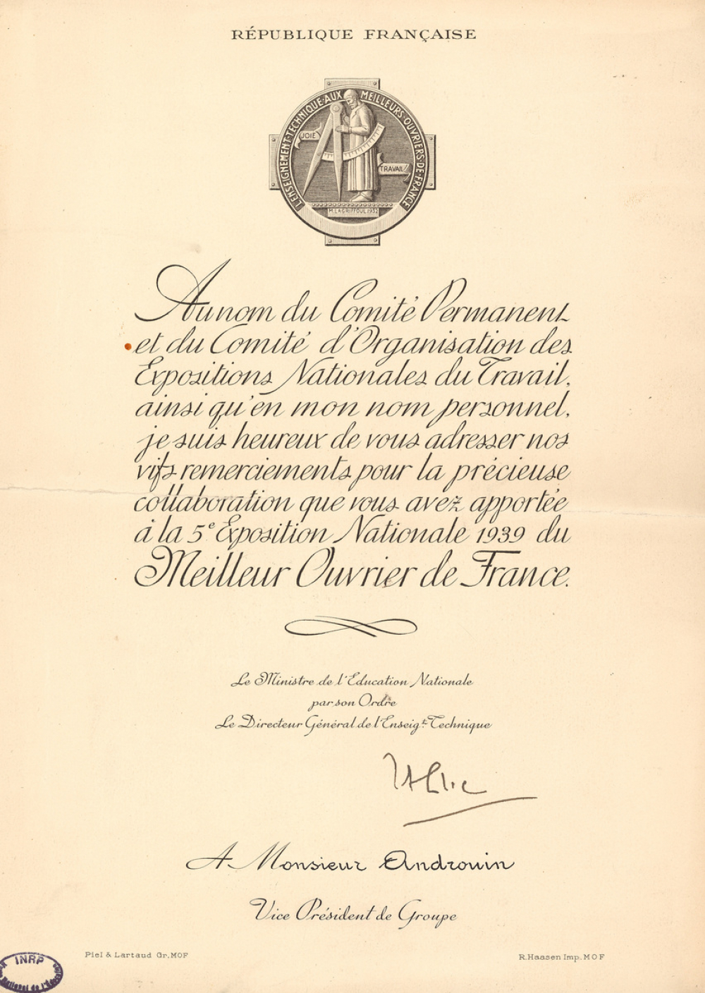 Remerciements officiels pour la participation au jury national du meilleur ouvrier de France à la 5e Exposition nationale du Travail, décernés à M.Androuin. 