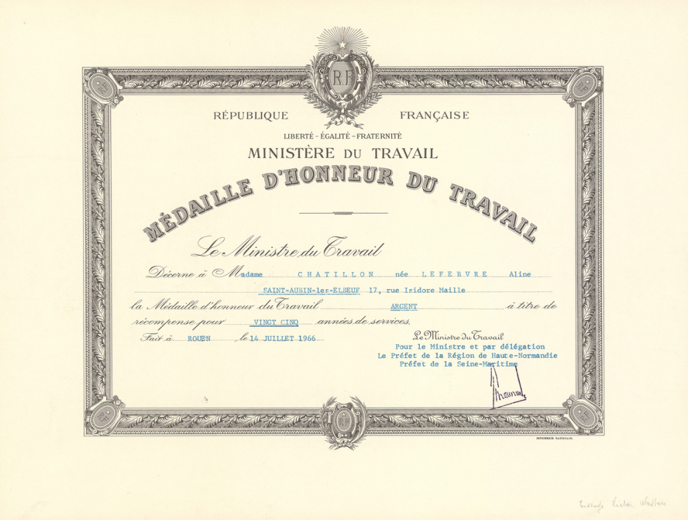 Diplôme de Médaille d'Honneur du Travail. 