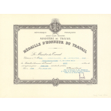 Diplôme de Médaille d'Honneur du Travail. 