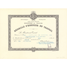 Diplôme de Médaille d'Honneur du Travail.