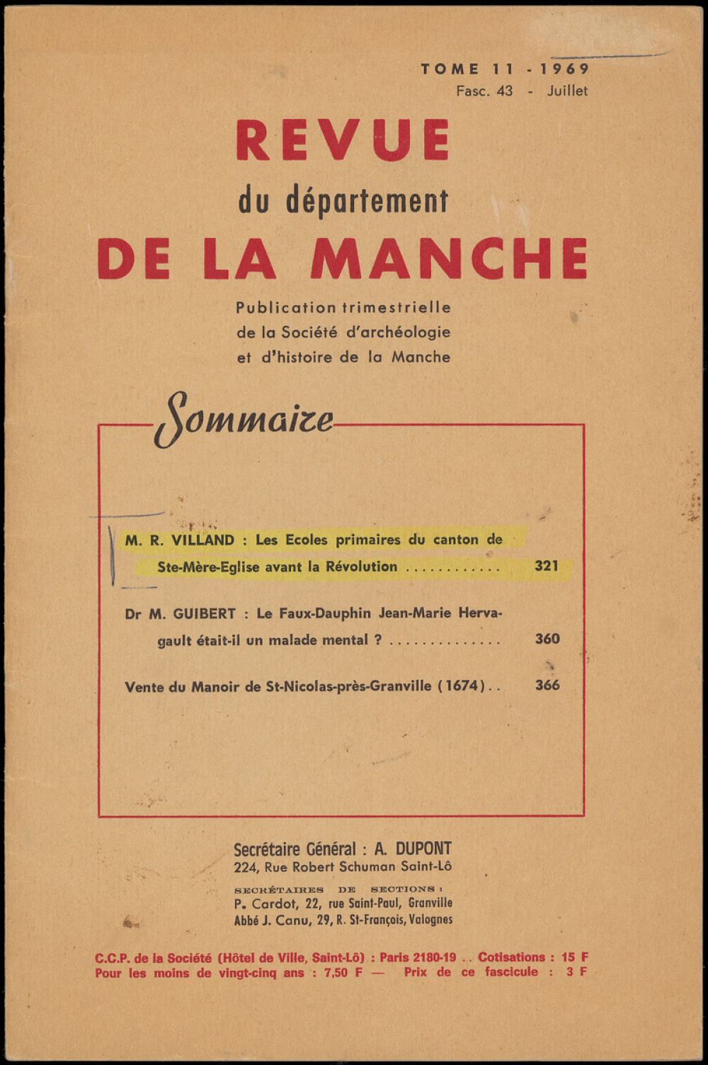 Les Ecoles primaires du canton de Sainte-Mère -Eglise avant la Révolution (Revue du département de la Manche. Tome 11. 1969).