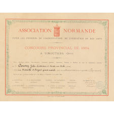 Exposition Nationale et Régionale de Rouen 1884. Diplôme de médaille de bronze.