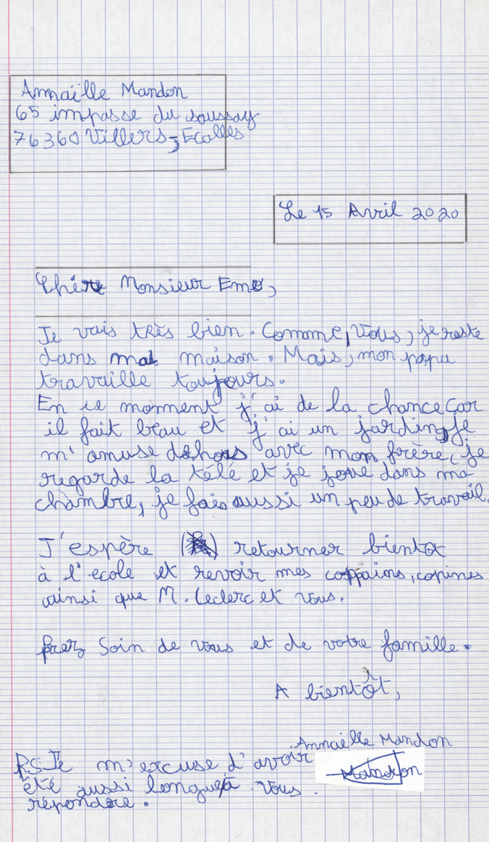 Réponse d'un élève au courrier de son enseignant pendant le confinement