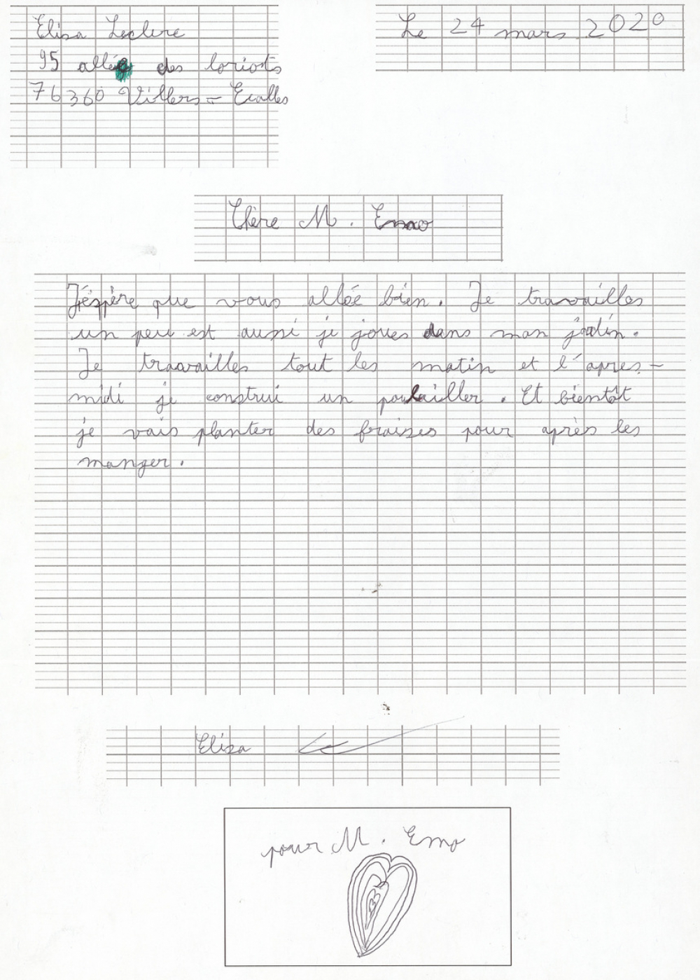 Réponse d'un élève au courrier de son enseignant pendant le confinement