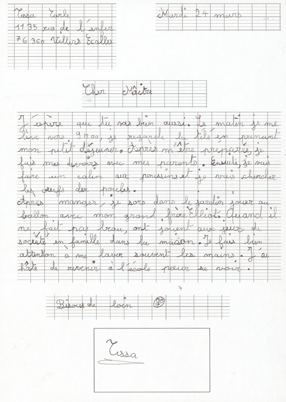 Réponse d'un élève au courrier de son enseignant pendant le confinement