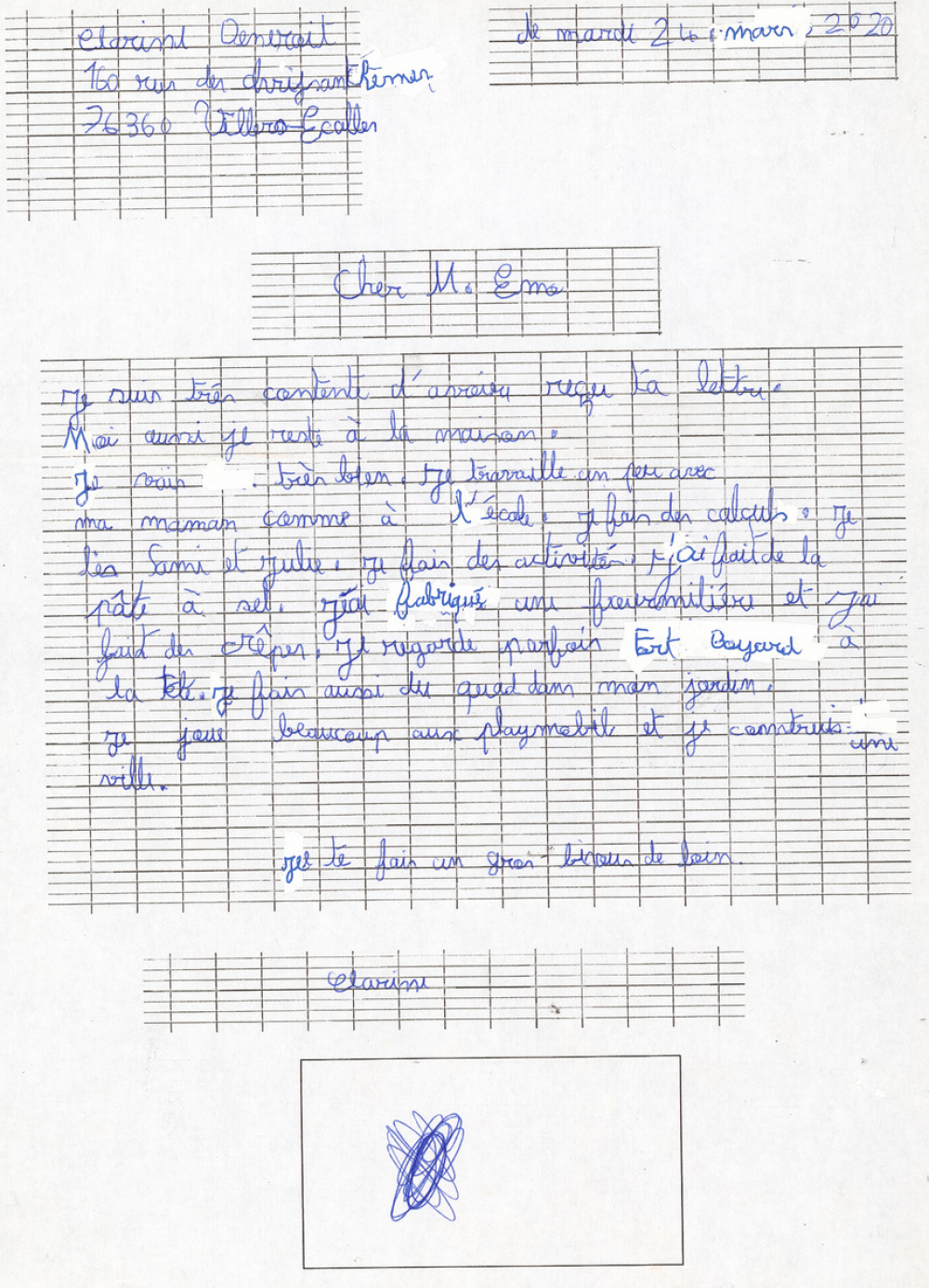 Réponse d'un élève au courrier de son enseignant pendant le confinement