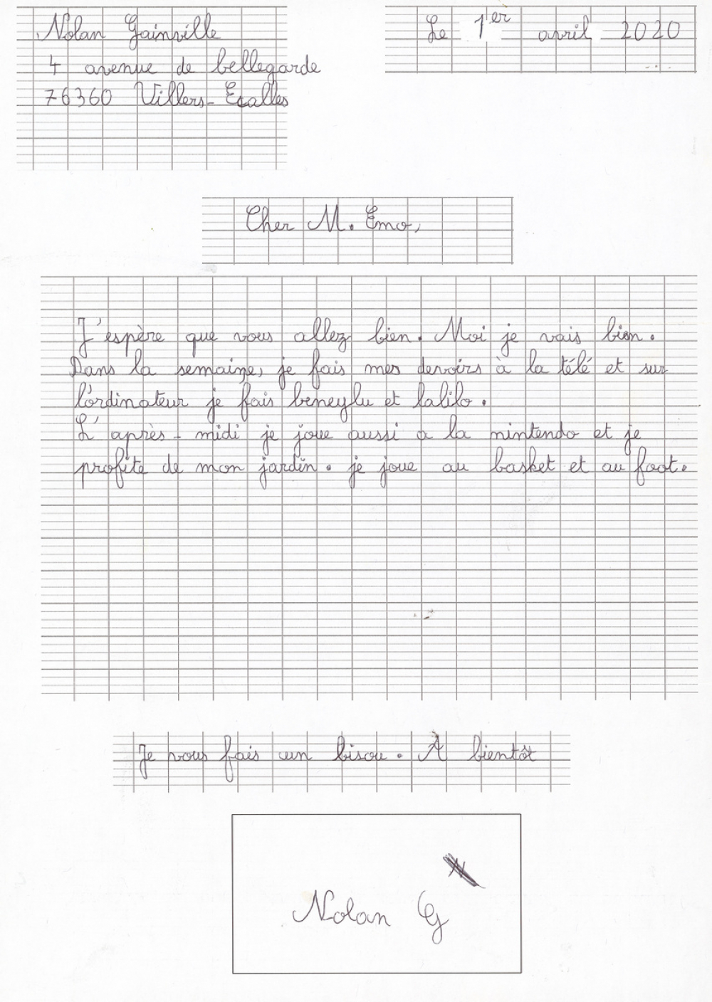 Réponse d'un élève au courrier de son enseignant pendant le confinement