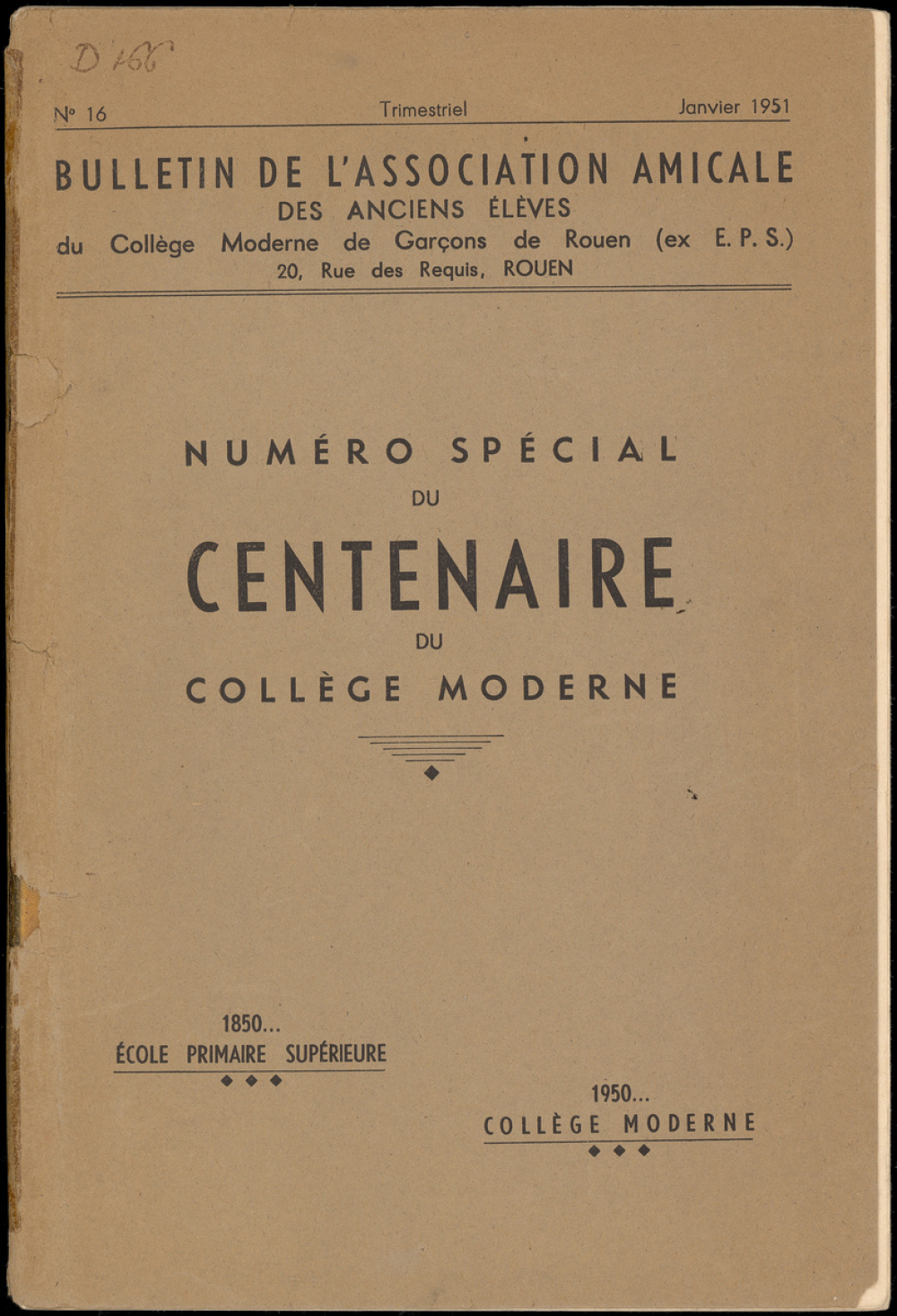 Brochure du centenaire du Collège moderne de Garçons de Rouen. 