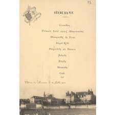 Menu du repas du cinquantenaire de la bénédiction de la chapelle du château de Mesnières. 
