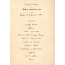 Menu du dîner de l'inauguration de l'École Industrielle Bertand à Versailles. 