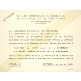 Carton d'invitation à la cérémonie commémorative de la fondation des Écoles Normales Supérieures de Fontenay et de Saint-Cloud. 