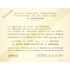Carton d'invitation à la cérémonie commémorative de la fondation des Écoles Normales Supérieures de Fontenay et de Saint-Cloud.