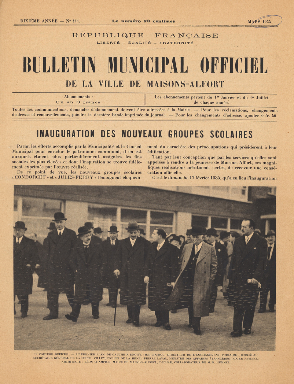 Bulletin de la municipalité de Maisons-Alfort portant sur l'inauguration de deux groupes scolaires. 