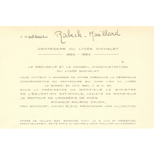 Carton d'invitation à la cérémonie commémorative du centenaire du Lycée Michelet.