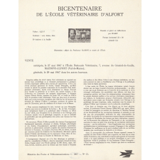 Fiche descriptive du timbre commémorant le centenaire de l'École Vétérinaire d'Alfort.