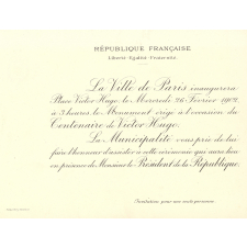 Carton d'invitation à l'inauguration du monument Victor Hugo à Paris. 